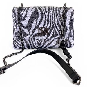 Badgley Mischka Black & White Zebra Print Sequin Embellished Crossbody Handbag